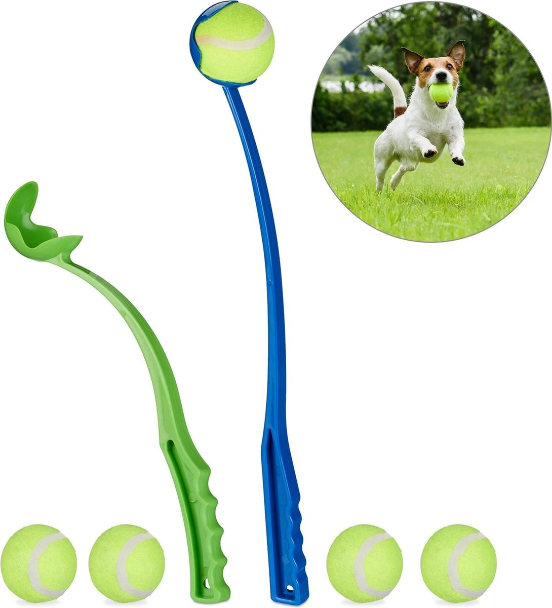 Relaxdays Ballenwerper Voor Honden - 2 Werpstokken + 5 Ballen - Ballengooier - Speelgoed 3 Relaxdays Ballenwerper Voor Honden - 2 Werpstokken + 5 Ballen - Ballengooier - Speelgoed