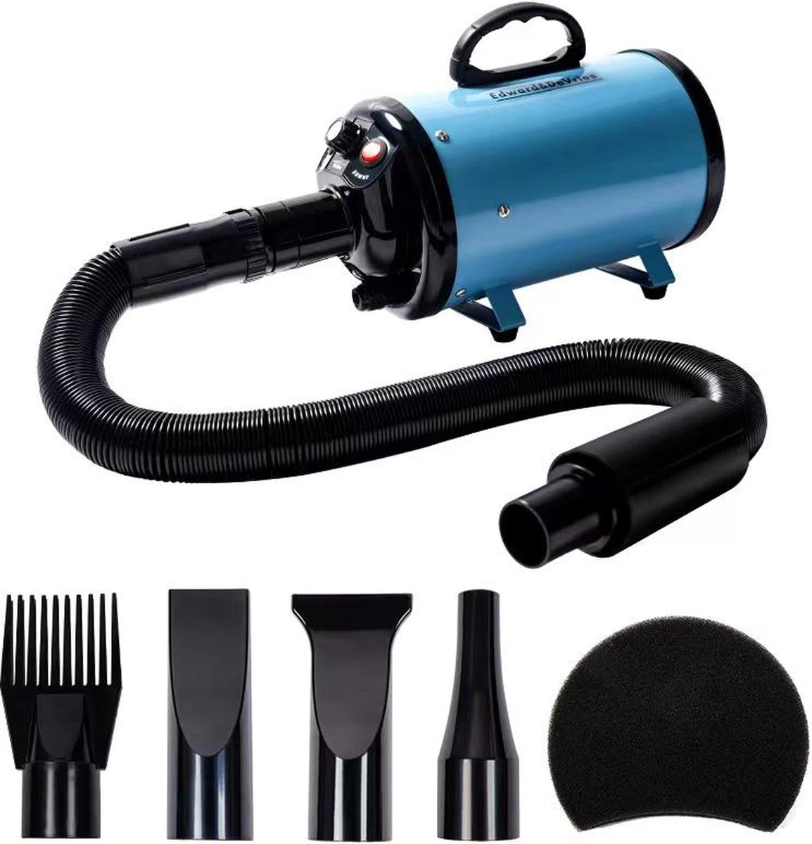 Merkloos Edward&DeVries Professionele Hondenföhn Met 4 Opzetstukken – Waterblazer Voor Honden – Stil Design – Krachtig + Extra Filter & Droogdoek - Blauw 6 Merkloos Edward&DeVries Professionele Hondenföhn Met 4 Opzetstukken – Waterblazer Voor Honden – Stil Design – Krachtig + Extra Filter & Droogdoek - Blauw - Afbeelding 4
