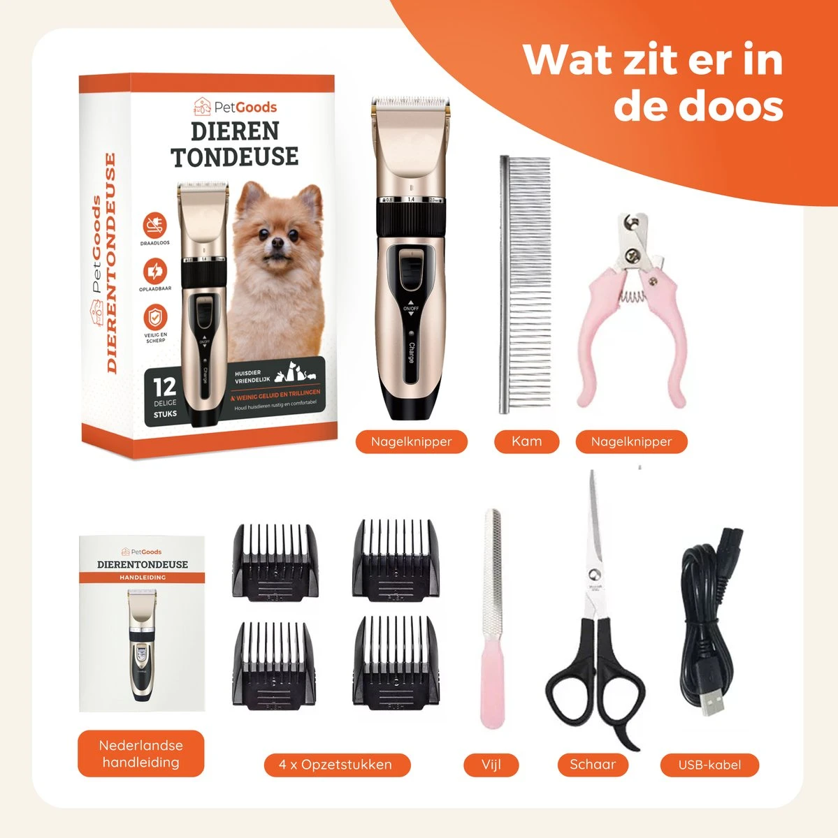 PetGoods Hondentondeuse - 10 Delige Set - Katten & Honden - Draadloos - Low Noise - Incl. Schaar, Nagelknipper, Vijl & Kam 6 PetGoods Hondentondeuse - 10 Delige Set - Katten & Honden - Draadloos - Low Noise - Incl. Schaar, Nagelknipper, Vijl & Kam - Afbeelding 4