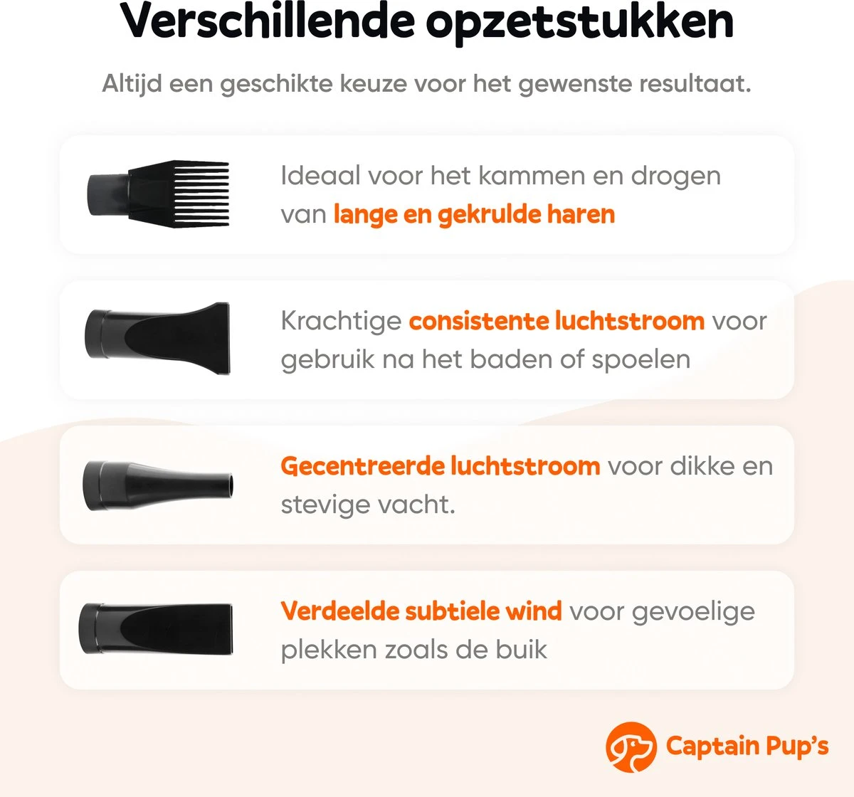 Captain Pup's Professionele Hondenföhn Met 4 Opzetstukken - Bijgeleverde Hondenborstel - Waterblazer Voor Honden - Zwart 4 Captain Pup's Professionele Hondenföhn Met 4 Opzetstukken - Bijgeleverde Hondenborstel - Waterblazer Voor Honden - Zwart - Afbeelding 2