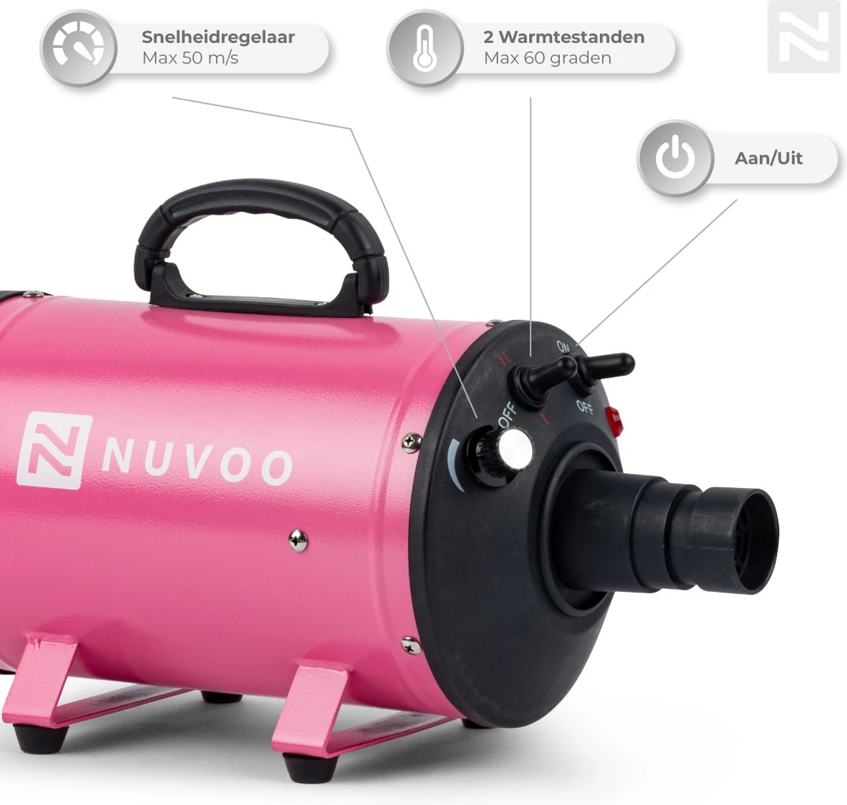 Nuvoo Professionele Hondenföhn / Waterblazer / Hondenborstel Met 3 Opzetstukken - Verstelbare Vermogen Tot 2200W - Warme / Koude Stand - Roze 5 Nuvoo Professionele Hondenföhn / Waterblazer / Hondenborstel Met 3 Opzetstukken - Verstelbare Vermogen Tot 2200W - Warme / Koude Stand - Roze - Afbeelding 3