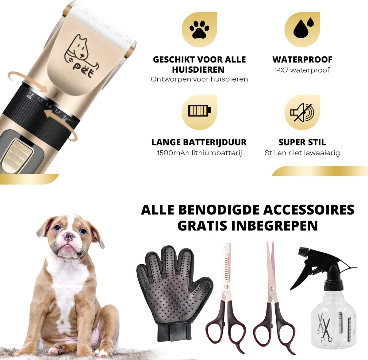 BeautyFit - 16-delig Hondentondeuse Set - Professionele Honden Trimset - Dieren Tondeuse Voor Dikke Vacht - Meest Complete Set - Inclusief 4 Opzetkammen - Hondenschaar - Mist Verstuiver - Handschoen Borstel - Nagelknipper 5 BeautyFit - 16-delig Hondentondeuse Set - Professionele Honden Trimset - Dieren Tondeuse Voor Dikke Vacht - Meest Complete Set - Inclusief 4 Opzetkammen - Hondenschaar - Mist Verstuiver - Handschoen Borstel - Nagelknipper - Afbeelding 3