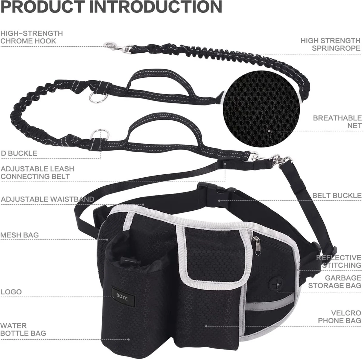 BOTC Looplijn Hond Met Heupriem Voor Hardlopen - Hondenriem - Zwart 5 BOTC Looplijn Hond Met Heupriem Voor Hardlopen - Hondenriem - Zwart - Afbeelding 3