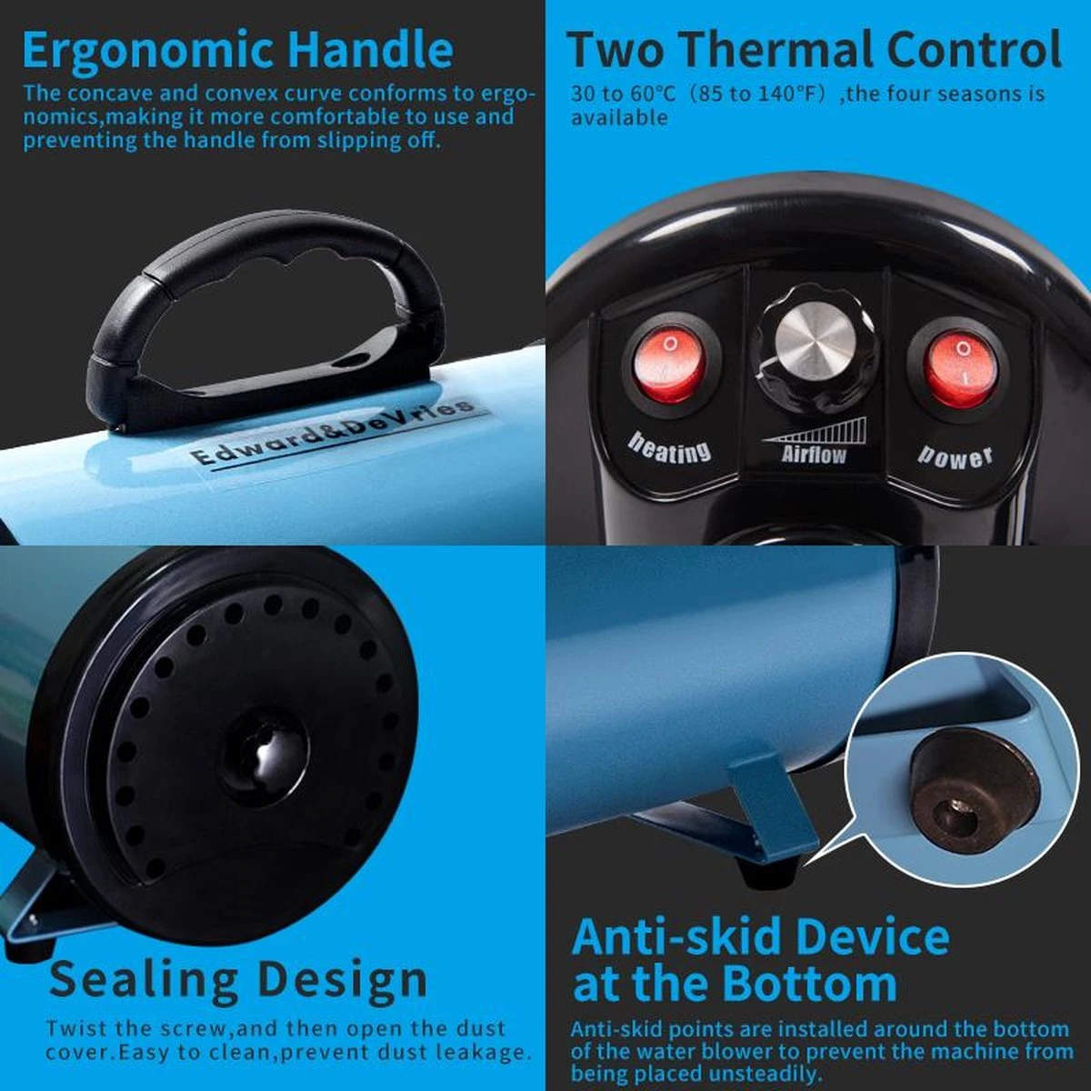 Merkloos Edward&DeVries Professionele Hondenföhn Met 4 Opzetstukken – Waterblazer Voor Honden – Stil Design – Krachtig + Extra Filter & Droogdoek - Blauw 4 Merkloos Edward&DeVries Professionele Hondenföhn Met 4 Opzetstukken – Waterblazer Voor Honden – Stil Design – Krachtig + Extra Filter & Droogdoek - Blauw - Afbeelding 2