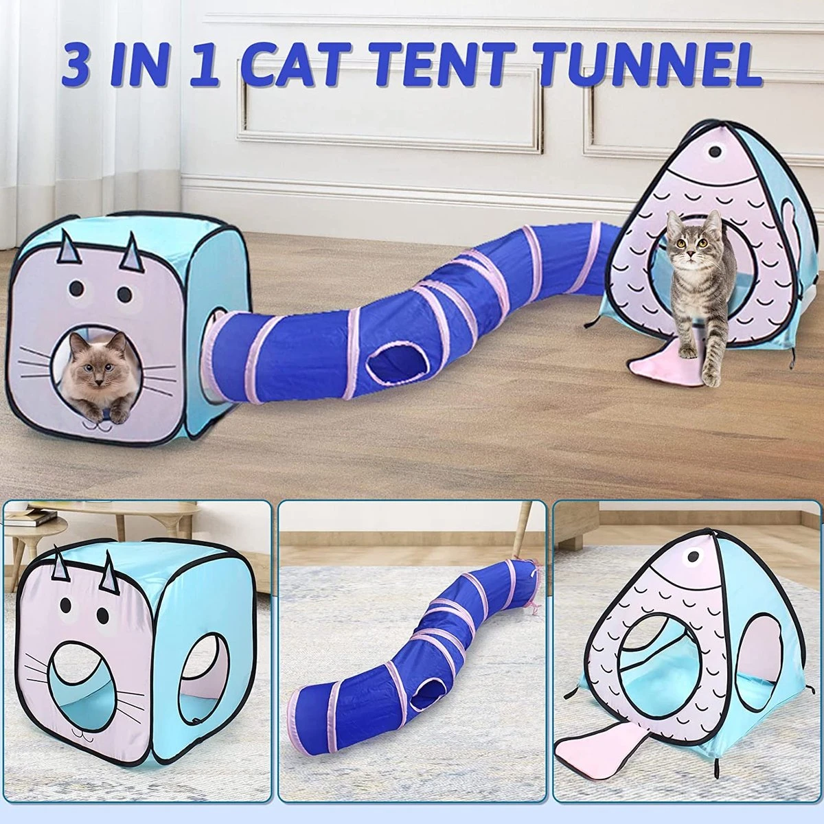 Fuegobird Kattentunnel - Tent+Tunnel 3 In 1 - Blauw/Roze 8 Fuegobird Kattentunnel - Tent+Tunnel 3 In 1 - Blauw/Roze - Afbeelding 6