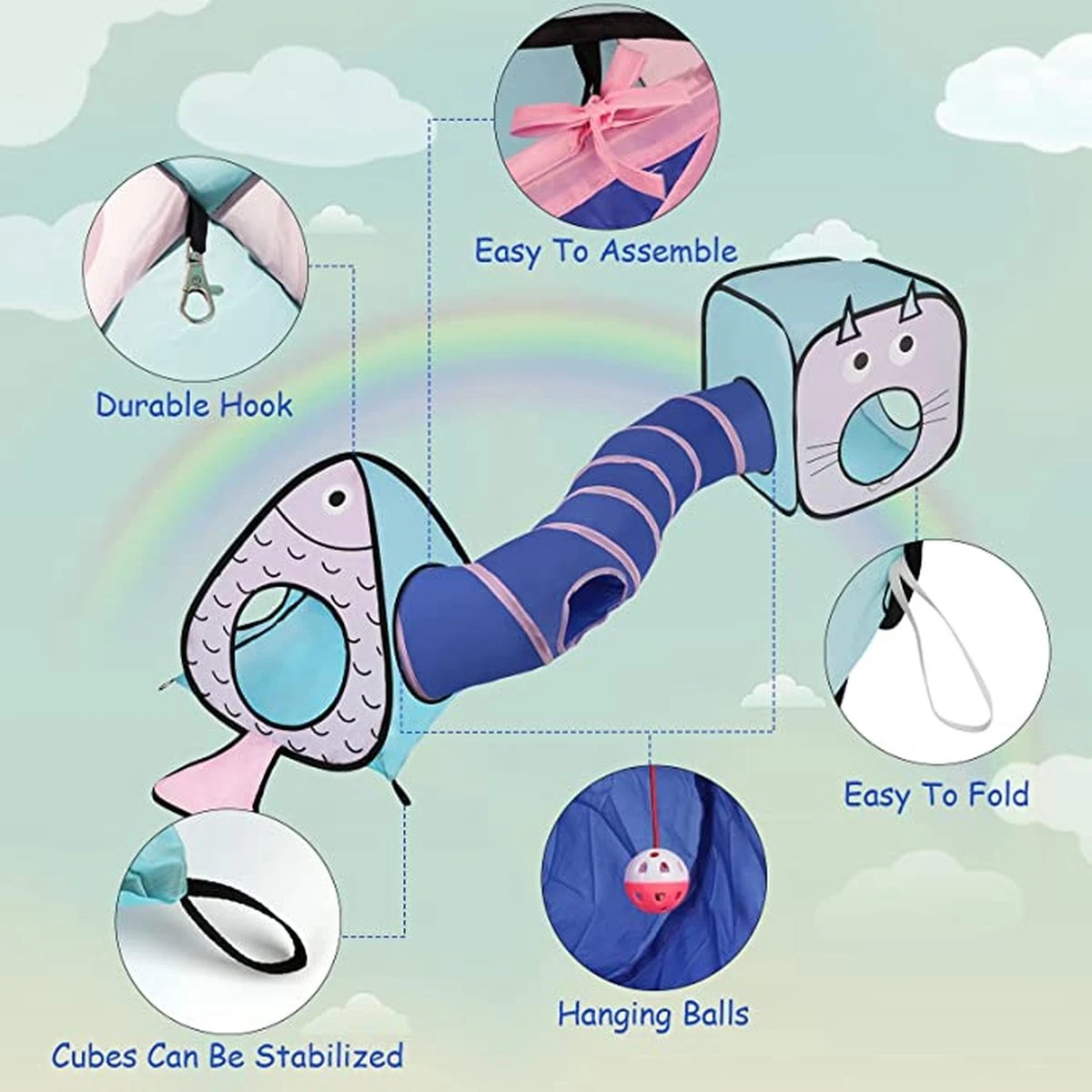 Fuegobird Kattentunnel - Tent+Tunnel 3 In 1 - Blauw/Roze 10 Fuegobird Kattentunnel - Tent+Tunnel 3 In 1 - Blauw/Roze - Afbeelding 8