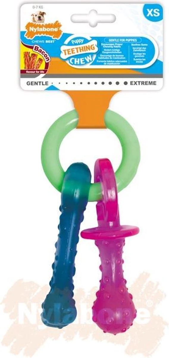 Nylabone Puppy Teething Pacifier Flexible - Hondenspeelgoed - Bacon 215x100x38 Mm 108 G Roze Blauw Groen Tot 11kg Small 9 Nylabone Puppy Teething Pacifier Flexible - Hondenspeelgoed - Bacon 215x100x38 Mm 108 G Roze Blauw Groen Tot 11kg Small - Afbeelding 7