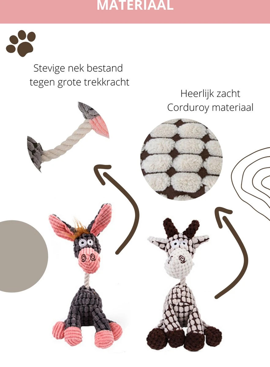 Honden Knuffel - Set Van 2 - Hondenspeelgoed Met Piep - Honden En Katten - Ezel En Giraf - Sellaio 5 Honden Knuffel - Set Van 2 - Hondenspeelgoed Met Piep - Honden En Katten - Ezel En Giraf - Sellaio - Afbeelding 3