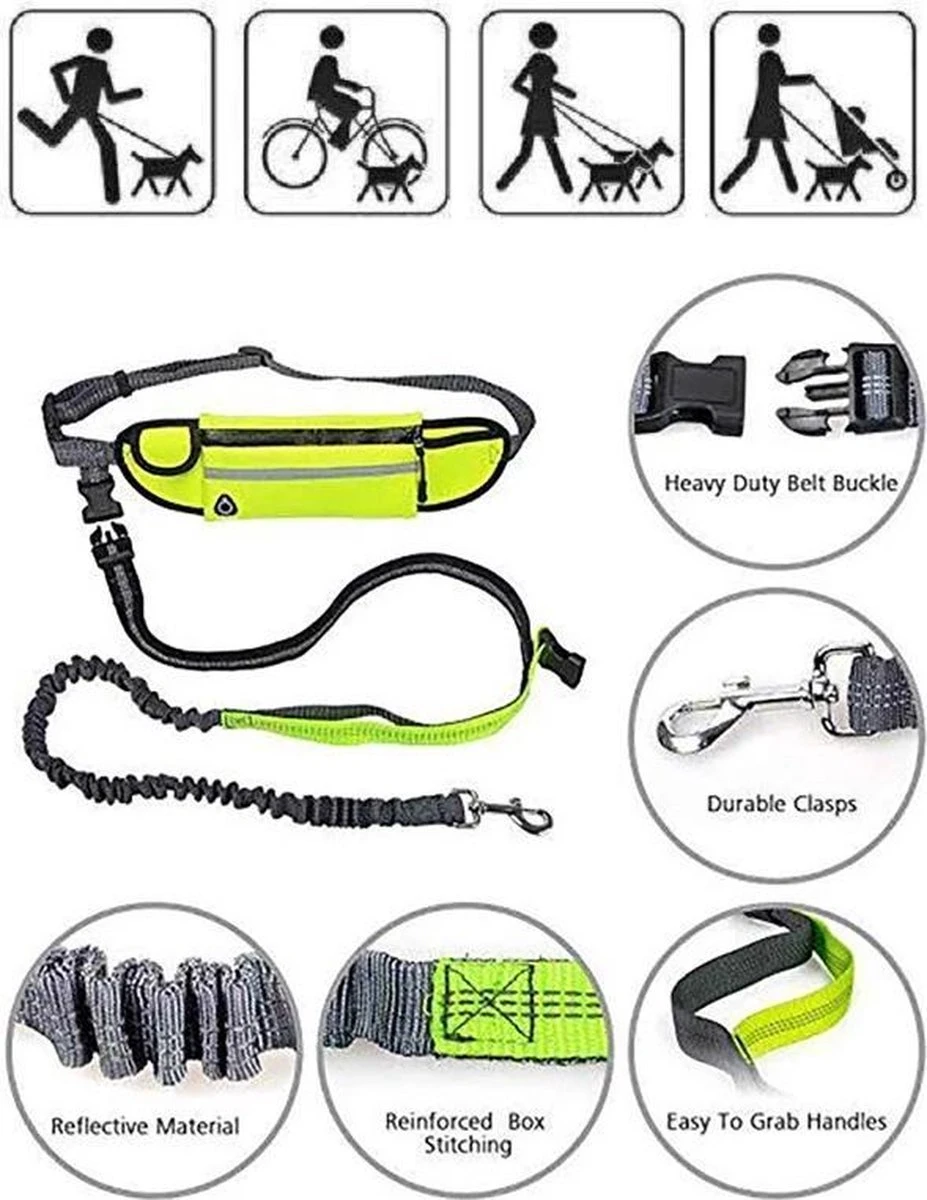 Hondenriem Hardloopriem Elastische Reflecterende Geschikt Voor Hardlopen - Handsfree Riem Met Opbergtasje – Hond Looplijn - Schokabsorberend - Groen 4 Hondenriem Hardloopriem Elastische Reflecterende Geschikt Voor Hardlopen - Handsfree Riem Met Opbergtasje – Hond Looplijn - Schokabsorberend - Groen - Afbeelding 2